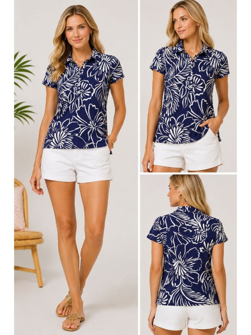 Lilly Pulitzer Womens Floral Polo Shirt Preppy Style Navh/Blue Xsmall